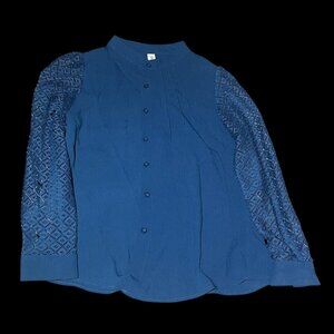 B Blue Lace Sleeve Button Down Blouse Size M
